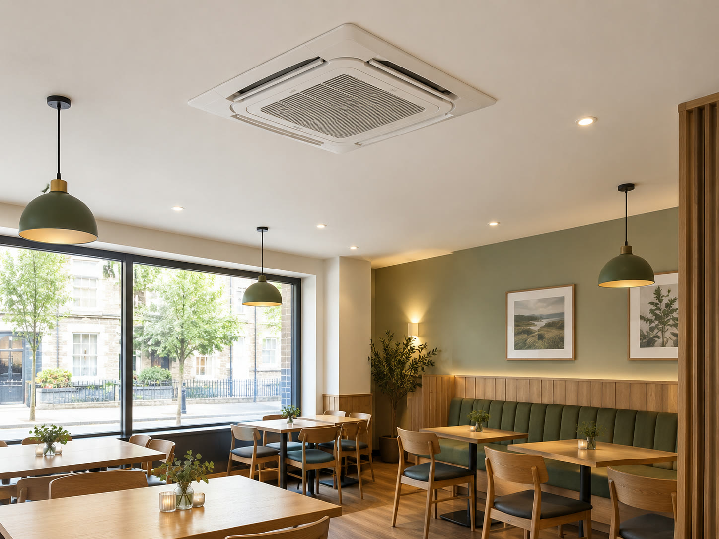Ceiling cassette air conditioning unit fitted flush in a café dining area